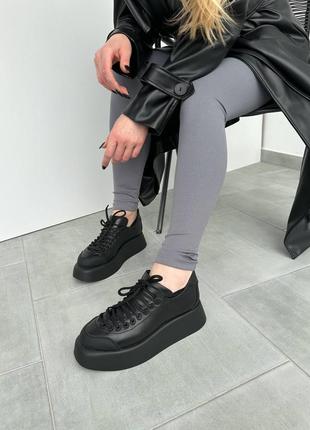 Кроссовки женские кожаные натуральная кожа  на платформе фабричное качество  черные8 фото