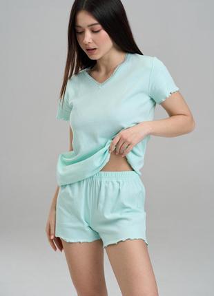 Комплект женский футболка с шортиками однотонный - рубчик