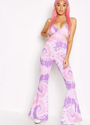 Жіночий фіолетовий комбінезон tie dye з розкльошеними штанинами кльош дуже крутий тренд2 фото