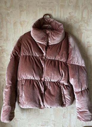Пуховик бархатный розовый натуральный пух (куртка зимова)1 фото