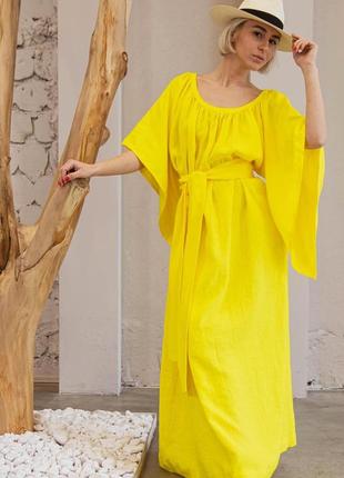 Желтое платье макси оверсайз с широкими длинными рукавами и поясом из натурального льна7 фото