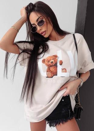 Модная удлинения футболка овертайз с принтом, цвет: черный, беж, молоко, размер: 42-46