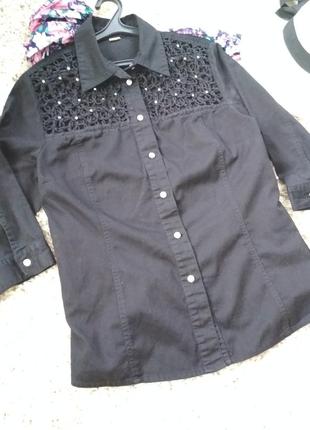 Стильная катоновая/джинсовая рубашка со стразами, р. 46-503 фото