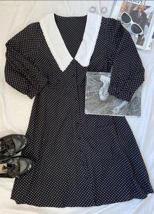 Шикарное платье в горошек с белым воротничком1 фото