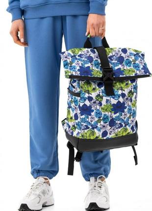Рюкзак-рол жіночий зі щільної тканини oxford, з якісним принтом-малюнком лісовий цвіт