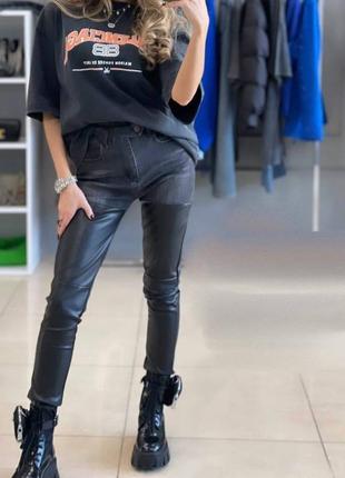 Джинсы в стиле celine комбинированные джинс кожа серые черные голубые