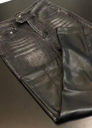 Джинсы в стиле celine комбинированные джинс кожа серые черные голубые4 фото