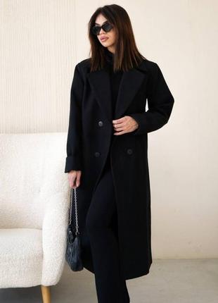 Пальто 60% шерсть с пуговицами поясом кашемир черный длинный2 фото