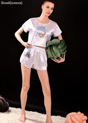 Пижама летняя футболка шорты атласная с рисунком оленя1 фото
