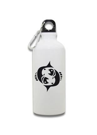 Фляга металлическая спортивная с карабином знак зодиака рыбы белая 650 мл