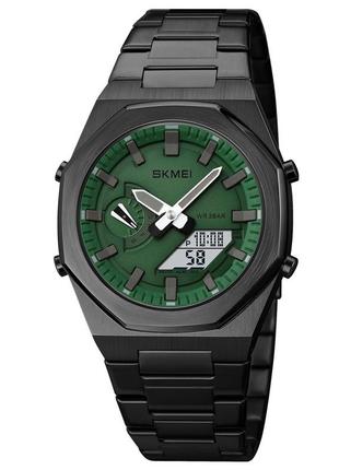 Мужские классические часы skmei 1816bkgnwt black-green-white стальные наручные кварцевые с хронографом