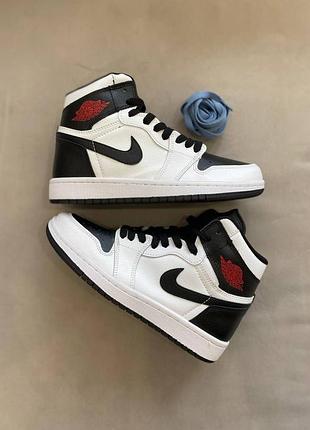 Женские высокие кожаные кроссовки nike air jordan 1 retro high white black «red logo»#найк