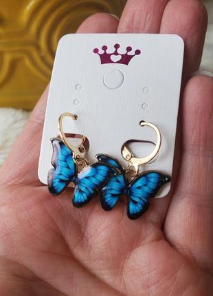 Сережки кульчики блакитні метелики біжутерія серьги
