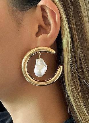 Эксклюзивные крупные серьги полукольца с жемчугом, 5004