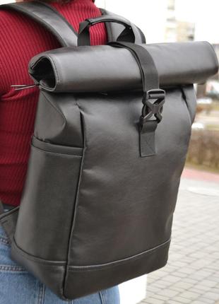 Рюкзак ролл-топ жіночий / чоловічий. з еко-шкіри. з секцією для ноутбука. модель: 9741. колір: чорний