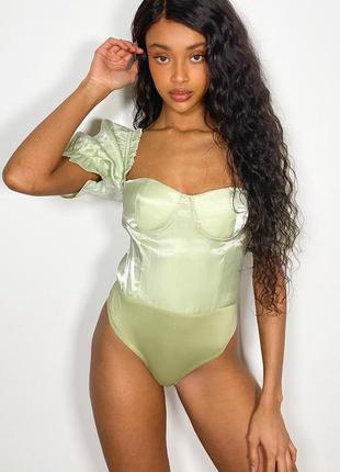 Plt боді салатовий рукав ліхтарик пишний корсетний з відливом топ