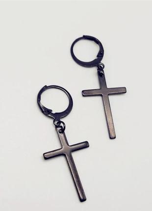 Серьга-кольцо с подвеской крестом 1 шт. мужская женская черная2 фото