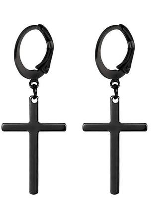 Серьга-кольцо с подвеской крестом 1 шт. мужская женская черная3 фото