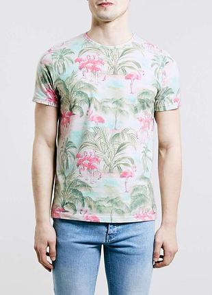 Футболка с тропическим принтом (пальмы,песок,фламинго)
