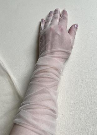 Высокие длинные тюлевые кружевные перчатки шампань без бежевые