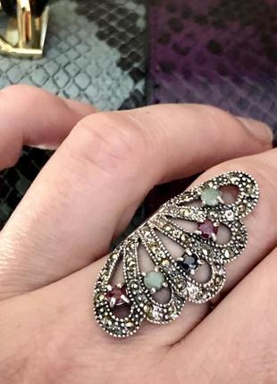 Серебряное кольцо,каблочная 925 пробы с изумрудами,рубинами, сапфирами.10 фото