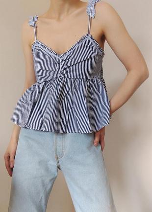 Бавовняний топ в полоску топ з рюшами топ на бретелях zara топ полосатий блуза коттон топ з воланами6 фото