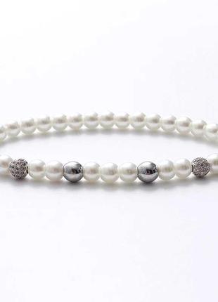Браслет мужской из натурального камня стали pearl белый серебристый комплект из 2-х2 фото