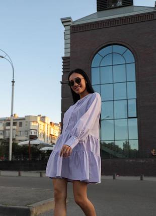 Легка об'ємна пишна бавовняна лавандова бузкова міні сукня з рукавами3 фото