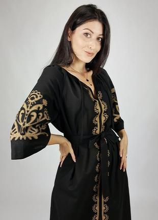 Платье вышиванка из льна меди черно-коричневая