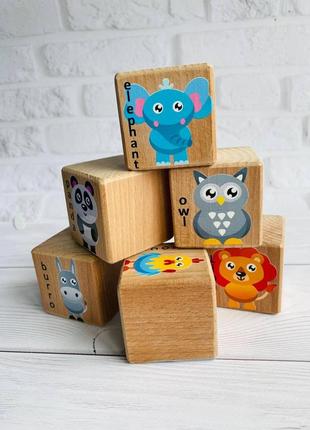 Дитячі дерев'яні кубики із зображеннями тварин зайченя і компанія (комплект 6)7 фото
