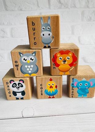 Дитячі дерев'яні кубики із зображеннями тварин зайченя і компанія (комплект 6)