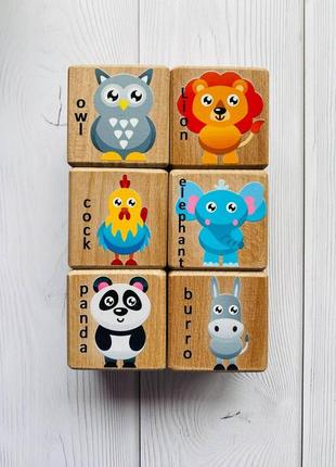 Дитячі дерев'яні кубики із зображеннями тварин зайченя і компанія (комплект 6)2 фото