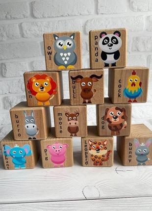 Дитячі дерев'яні кубики із яскравими зображеннями тварин зоопарк-2 (комплект 8)2 фото