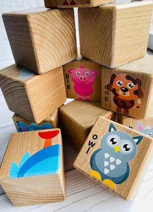 Дитячі дерев'яні кубики із яскравими зображеннями тварин зоопарк-2 (комплект 8)8 фото