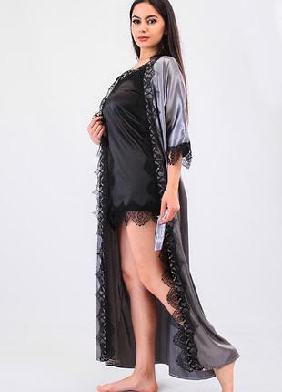 Елегантний домашній комплект довгий халат з мереживом+пеньюар атлас,шовк, гарна домашня одяг4 фото