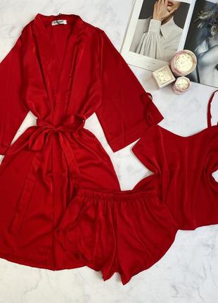 Шелковая красная пижама майка и шорты с халатом, комплект для дома