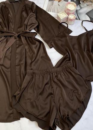 Шелковая коричневая пижама майка и шорты с халатом, комплект для дома2 фото