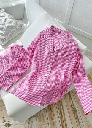 Бавовняний рожевий костюм для дому рубашка і штани, піжама в клітинку10 фото