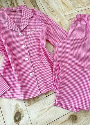 Бавовняний рожевий костюм для дому рубашка і штани, піжама в клітинку3 фото