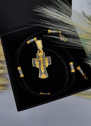 Серебряный крестик и шнурок со вставками из серебра 925 пробы с позолотой и чернением  846/3з+кр0195з