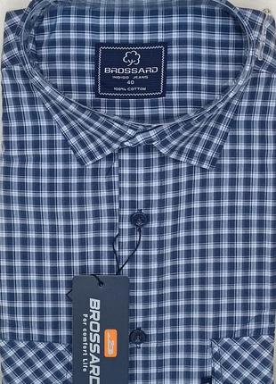 Мужская рубашка с коротким рукавом brossard vk-0059 синяя в клетку классическая 100%...
