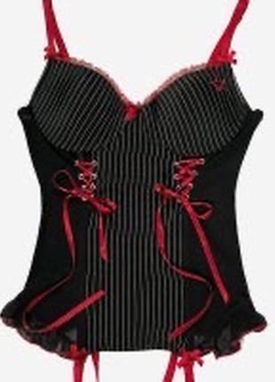 Черный корсет с красным игривым в полоску прозрачные вставки с косточками7 фото
