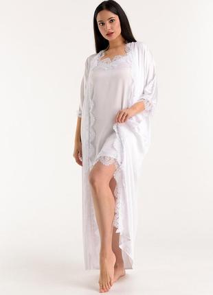 Жіночий комплект для нареченої довгий халат з мереживом та пеньюар