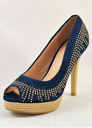 Женские синие туфли на каблуке шпильке замшевые модельные (размеры: 36,37,38,39,40,41) - 35-77 фото