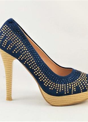 Женские синие туфли на каблуке шпильке замшевые модельные (размеры: 36,37,38,39,40,41) - 35-73 фото