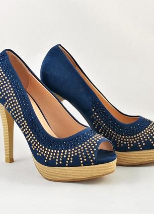 Женские синие туфли на каблуке шпильке замшевые модельные (размеры: 36,37,38,39,40,41) - 35-72 фото