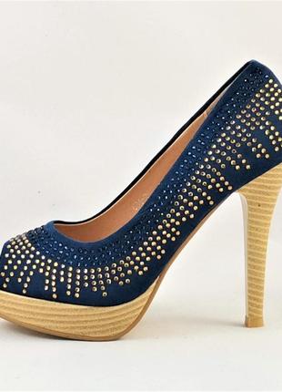 Женские синие туфли на каблуке шпильке замшевые модельные (размеры: 36,37,38,39,40,41) - 35-76 фото