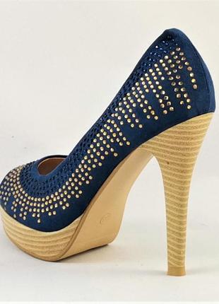 Женские синие туфли на каблуке шпильке замшевые модельные (размеры: 36,37,38,39,40,41) - 35-75 фото
