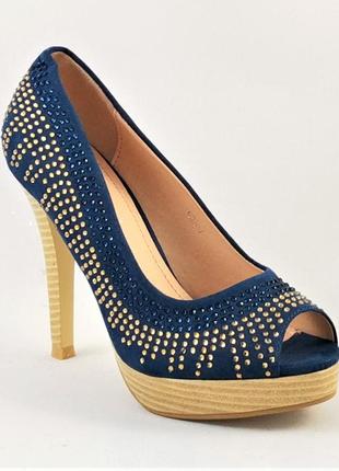 Женские синие туфли на каблуке шпильке замшевые модельные (размеры: 36,37,38,39,40,41) - 35-74 фото