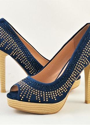 Женские синие туфли на каблуке шпильке замшевые модельные (размеры: 36,37,38,39,40,41) - 35-78 фото